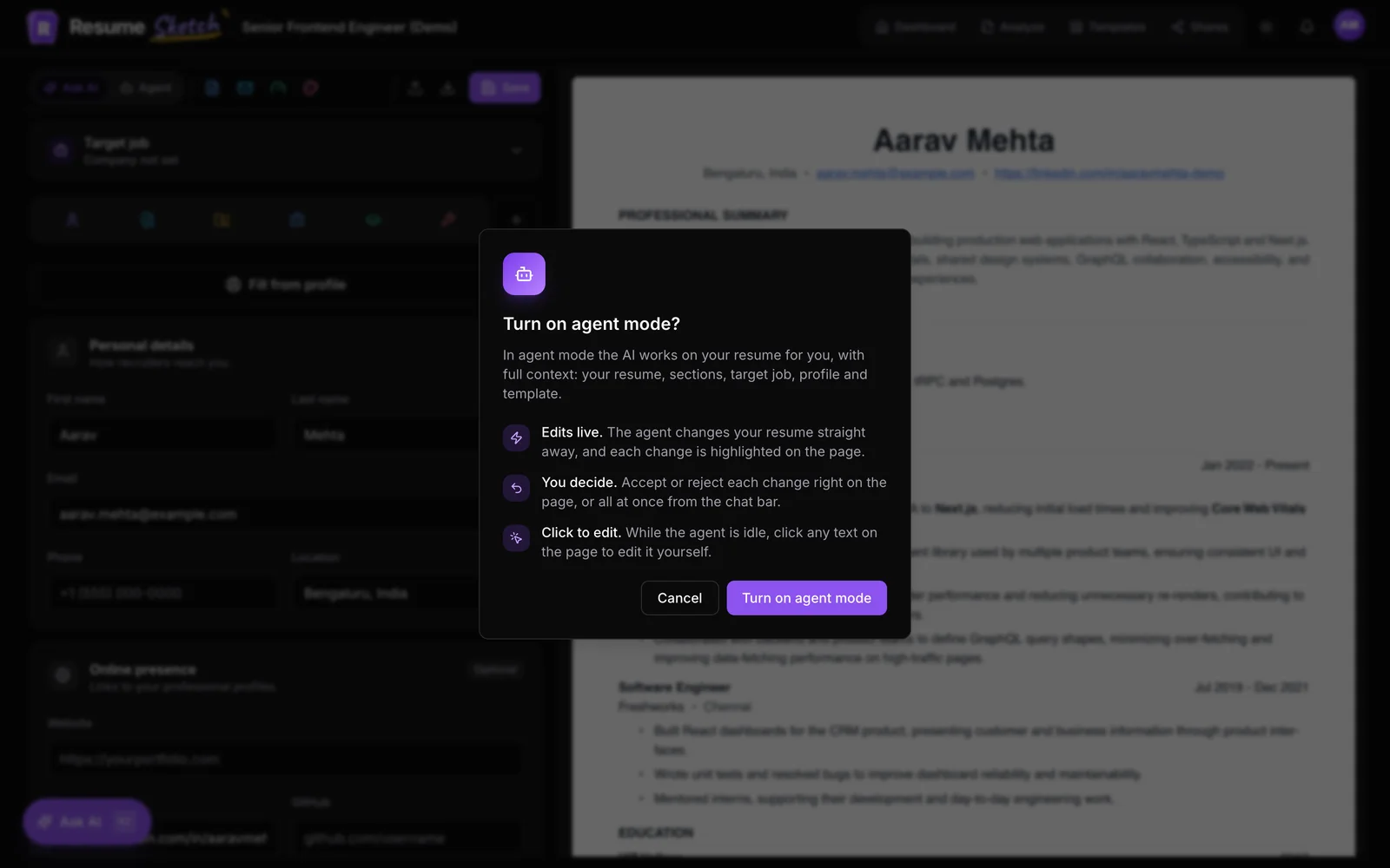 Turning on agent mode: the AI edits the resume live and you accept or reject each change