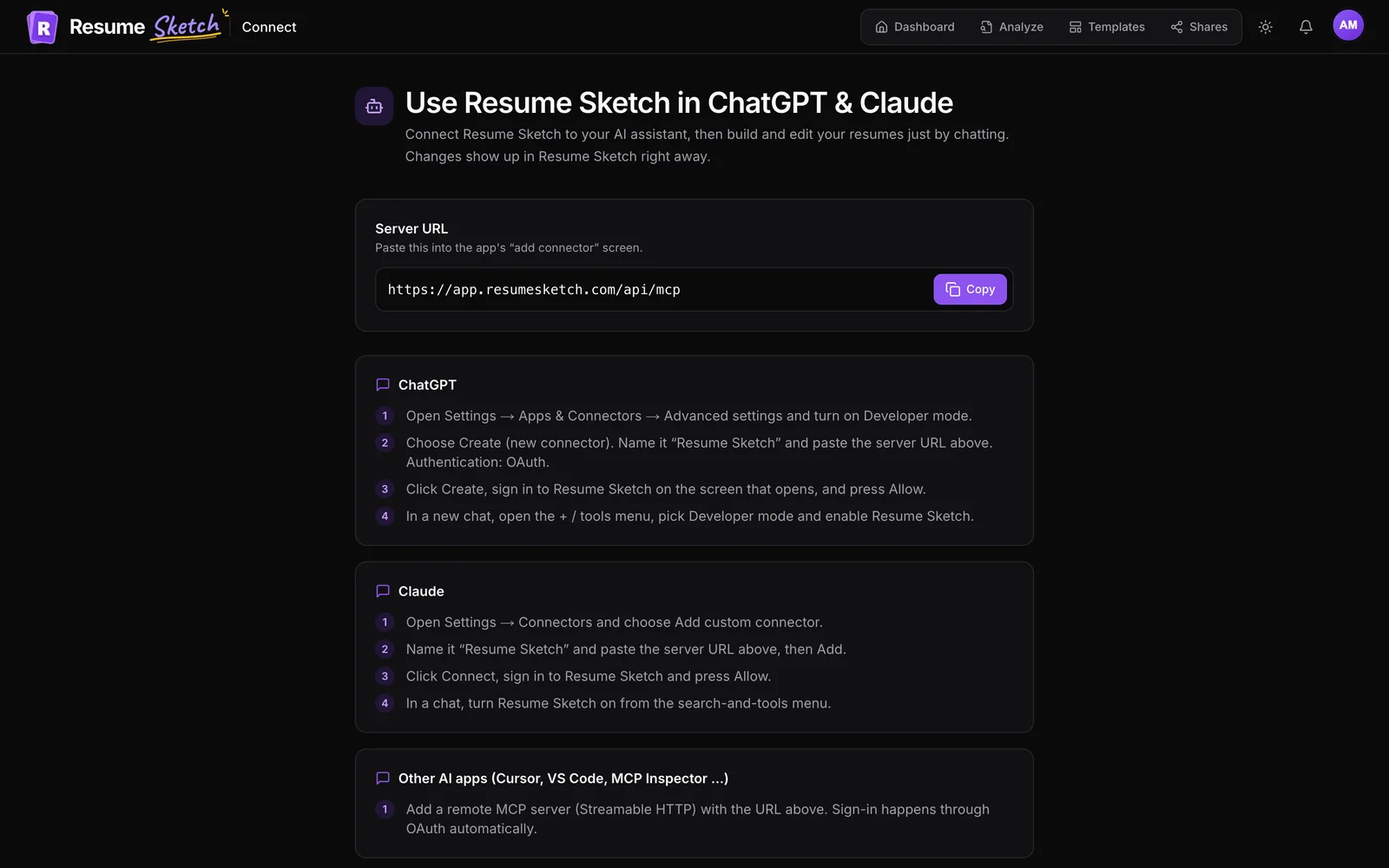Connecting Resume Sketch to ChatGPT and Claude