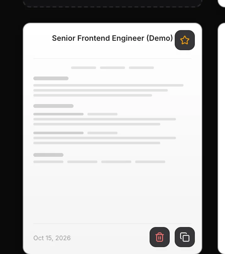 A resume card on the dashboard with the star button at the top right