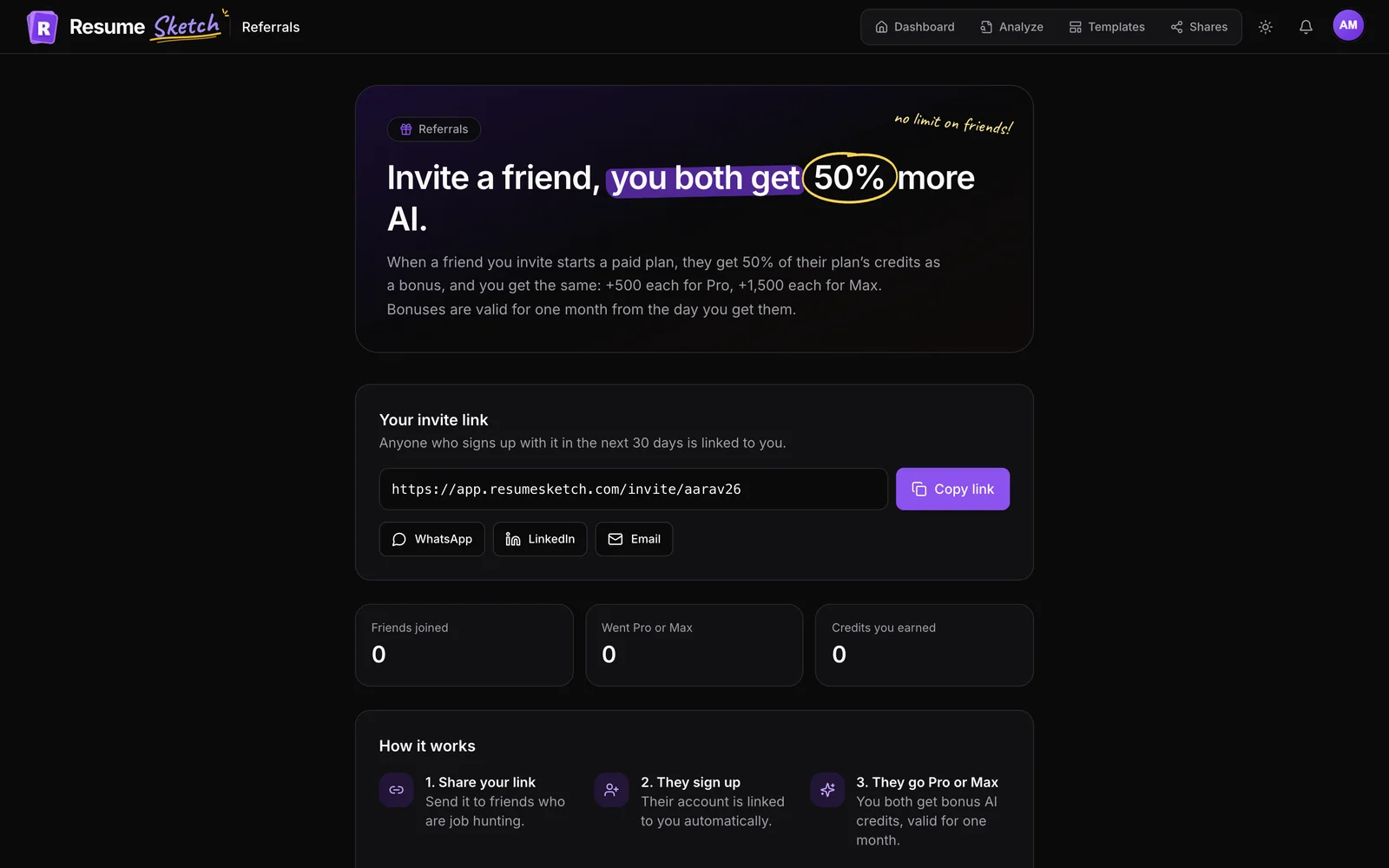 The Invite friends page with a personal invite link