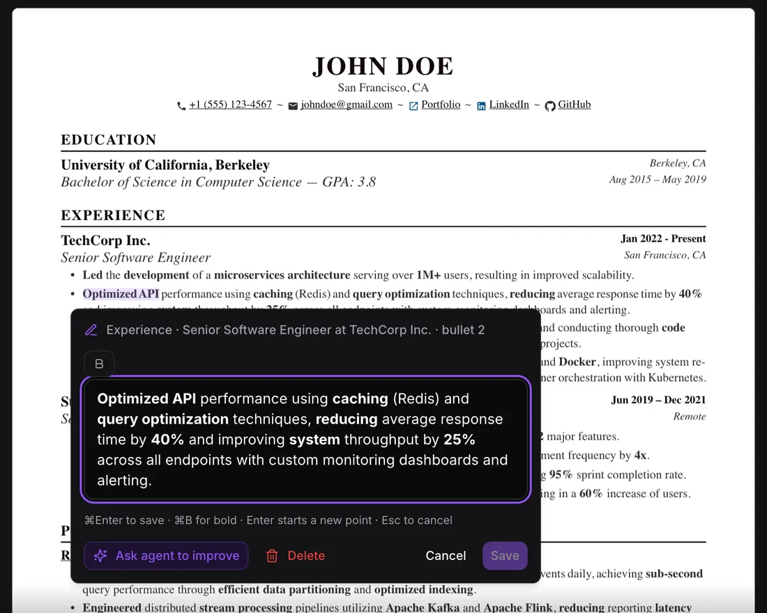 Editing a bullet point right on the resume page